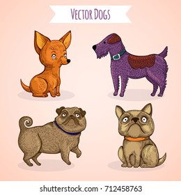 The Chinese New Year 2018. Collection Of The Vector, Hand Drawing Dogs. Colorful Cute Dogs, Chihuahua, French Bulldog, Mops (pug), Airedale Terrier, A  Symbol Of  2018 New Year. 