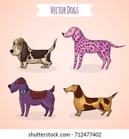 The Chinese New Year 2018. Collection Of The Vector, Hand Drawing Dogs. Colorful Cute Dogs, Dalmatian, Basset Hound, Dachshund, Airedale Terrier, A  Symbol Of  2018 New Year. 