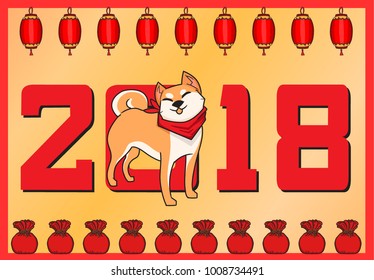 Chinese New Year 2018 Year of Dog Vector Design ,Cute shiba Inu Concept design on red background 