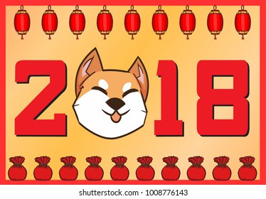 Chinese New Year 2018 Year of Dog Vector Design ,Cute shiba Inu Concept design on red background for red envelope size11.5x8 centimeter