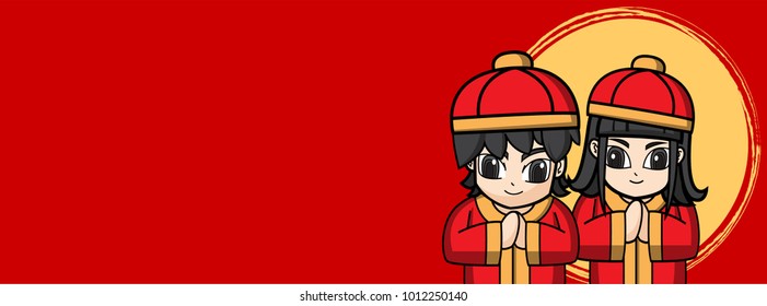 Chinese New Year 2018 Year of Dog Vector Design ,Cute chinese boy and girl Concept design on red background for timeline and website size 851x315 pixels