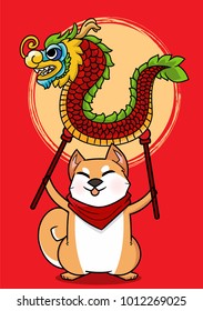 Chinese New Year 2018 Year of Dog Vector Design ,Cute shiba Inu and china dragon Concept design on red background for red envelope 