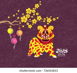 Chinese new year 2018. Year of  the dog background with lion dance