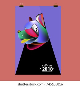 Chinese New Year 2018 festive vector card Design with cute dog, zodiac symbol of 2018 year