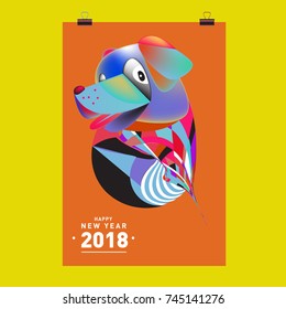 Chinese New Year 2018 festive vector card Design with cute dog, zodiac symbol of 2018 year