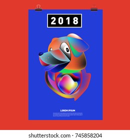 Chinese New Year 2018 Festive Vector Card Design with Cute dog. Zodiac Logo and Symbol of 2018 year