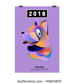 Chinese New Year 2018 Festive Vector Card Design with Cute dog. Zodiac Logo and Symbol of 2018 year