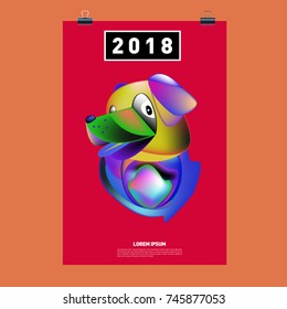 Chinese New Year 2018 Festive Vector Card Design with Cute dog. Zodiac Logo and Symbol of 2018 year