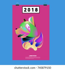 Chinese New Year 2018 Festive Vector Card Design with Cute dog. Zodiac Logo and Symbol of 2018 year
 