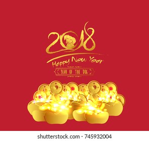 Chinese New Year 2018 golden coin and red packet background. Year of the dog