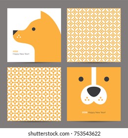 Chinese New Year 2018 greeting cards set with cute dog head and geometric seamless pattern.