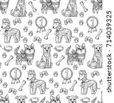 The Chinese new year 2018. Pattern with vector cute dogs. Hand drawing outline Russell terrier, Laika, and Beddington, dog on white background with elements.
