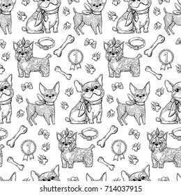 The Chinese new year 2018. Pattern with vector cute dogs. Hand drawing outline Yorkshire terrier, Chihuahua, and french bulldog, dog on white background with elements.