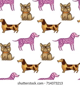 The Chinese new year 2018. Pattern with vector cute dogs. Hand drawing colorful French bulldog, Dalmatian, and Dachshund on white background.