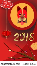 Chinese New Year 2018 Vertical Banners Elements. Vector illustration. Asian Lantern, Clouds and Patterns in Modern Style, Red and Gold. Hieroglyph Zodiac Sign Dog
