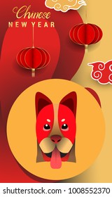 Chinese New Year 2018 Vertical Banners Elements. Vector illustration. Asian Lantern, Clouds and Patterns in Modern Style, Red and Gold. Hieroglyph Zodiac Sign Dog
