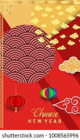 Chinese New Year 2018 Vertical Banners Elements. Vector illustration. Asian Lantern, Clouds and Patterns in Modern Style, Red and Gold. Hieroglyph Zodiac Sign Dog
