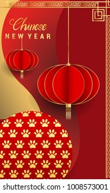 Chinese New Year 2018 Vertical Banners Elements. Vector illustration. Asian Lantern, Clouds and Patterns in Modern Style, Red and Gold. Hieroglyph Zodiac Sign Dog
