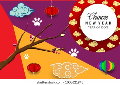 Chinese New Year 2018 Vertical Banners Elements. Vector illustration. Asian Lantern, Clouds and Patterns in Modern Style. Hieroglyph Zodiac Sign Dog