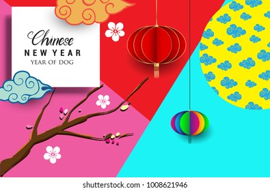 Chinese New Year 2018 Vertical Banners Elements. Vector illustration. Asian Lantern, Clouds and Patterns in Modern Style. Hieroglyph Zodiac Sign Dog