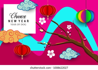 Chinese New Year 2018 Vertical Banners Elements. Vector illustration. Asian Lantern, Clouds and Patterns in Modern Style. Hieroglyph Zodiac Sign Dog