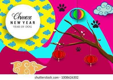 Chinese New Year 2018 Vertical Banners Elements. Vector illustration. Asian Lantern, Clouds and Patterns in Modern Style. Hieroglyph Zodiac Sign Dog