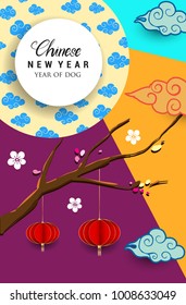Chinese New Year 2018 Vertical Banners Elements. Vector illustration. Asian Lantern, Clouds and Patterns in Modern Style. Hieroglyph Zodiac Sign Dog