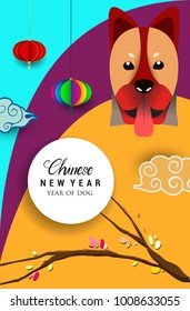 Chinese New Year 2018 Vertical Banners Elements. Vector illustration. Asian Lantern, Clouds and Patterns in Modern Style. Hieroglyph Zodiac Sign Dog