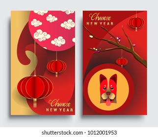 Chinese New Year 2018 Vertical Banners Set. Vector illustration. Asian Lantern, Clouds and Patterns in Modern Style, Red and Gold. 