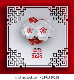 Chinese New Year 2019 banner. Oriental frame, sakura cherry flowers, red pattern background, chinese clouds. Design element for greeting card, banner, poster. Paper cut out style, vector illustration