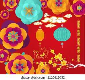 Chinese new year 2019. Blossom and lanterns background