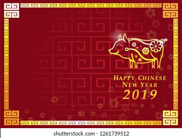 The Chinese new year 2019 card with Abstract gold border  pig zodiac.