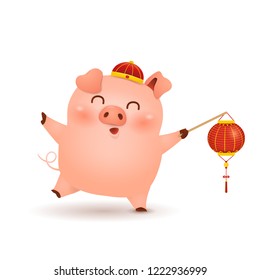 Chinese New Year 2019. Cute cartoon Little Pig character design with Festive traditional Chinese red lantern isolated on white background. The year of the pig. Zodiac of the Pig.