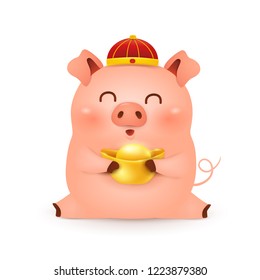 Chinese New Year 2019. Cute cartoon Little Pig character design with traditional Chinese red hat and holding chinese gold ingot isolated on white background. The year of the pig. Zodiac of the Pig.