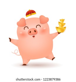Chinese New Year 2019. Cute cartoon Little Pig character design with traditional Chinese red hat and holding chinese gold ingot isolated on white background. The year of the pig. Zodiac of the Pig.