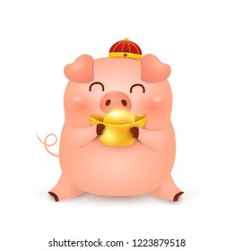 Chinese New Year 2019. Cute cartoon Little Pig character design with traditional Chinese red hat and holding chinese gold ingot isolated on white background. The year of the pig. Zodiac of the Pig.