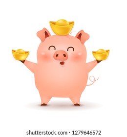 Chinese New Year 2019. Cute cartoon Little Pig character design with traditional Chinese red hat and holding chinese gold ingot isolated on white background. The year of the pig. Zodiac of the Pig.