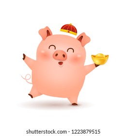 Chinese New Year 2019. Funny cartoon Little Pig character design with traditional Chinese red hat and holding chinese gold ingot isolated on white background. The year of the pig. Zodiac of the Pig.