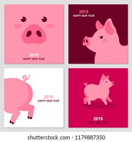 Chinese New Year 2019 greeting cards set with cute pink pig in flat style. Vector illustration.