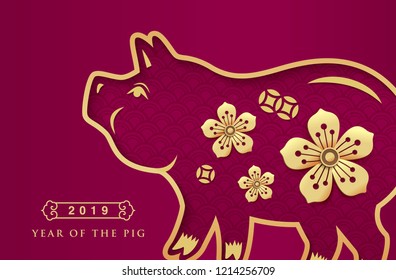 Chinese new year 2019 greeting design, traditional chinese zodiac pig year paper art and golden flowers