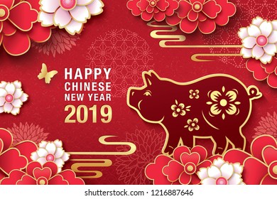 Chinese new year 2019 greeting design, traditional chinese zodiac pig year paper art and blossom flowers background 