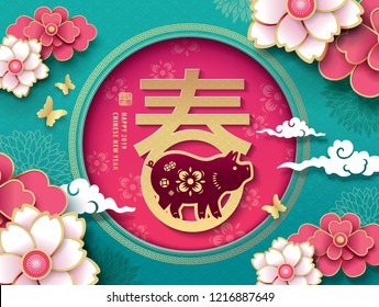 Chinese new year 2019 greeting design, traditional chinese zodiac pig year paper art and blossom flowers background. Chinese translation: Spring