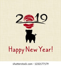 Chinese New Year 2019. Greeting card. Pig, traditional symbol by eastern calendar. Painting calligraphy. Vector illustration