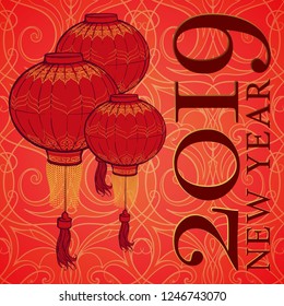 Chinese New Year 2019 greeting card. Chinese red lantern on a red and gold seamless pattern. Intricate linear hand drawing. Calendar Cover. EPS10 vector illustration.