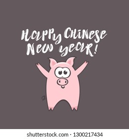 Chinese New Year 2019 greeting card with cute cartoon pig and text on brown background. Inscription - Happy Chinise New Year