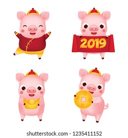 Chinese new year. 2019 happy cartoon pig collection. illustration for calendars and cards. Pigs with yuanbao, coin and other traditional symbols of national celebration