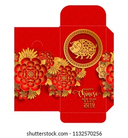 chinese new year 2019 money red envelopes packet Zodiac sign with gold paper cut art and craft style on color Background.(Chinese Translation : Year of the pig)