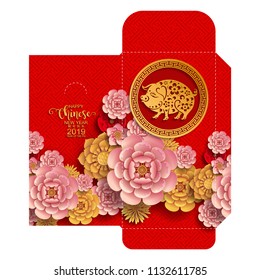 chinese new year 2019 money red envelopes packet ( 9 x 17 Cm.) Zodiac sign with gold paper cut art and craft style on color Background.(Chinese Translation : Year of the pig)