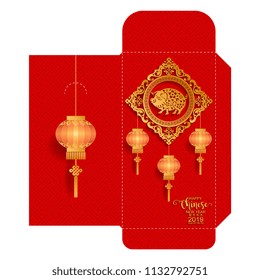 chinese new year 2019 money red envelopes packet ( 9 x 17 Cm.) Zodiac sign with gold paper cut art and craft style on color Background.(Chinese Translation : Year of the pig)
