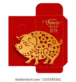 chinese new year 2019 money red envelopes packet ( 9 x 17 Cm.) Zodiac sign with gold paper cut art and craft style on color Background.(Chinese Translation : Year of the pig)
